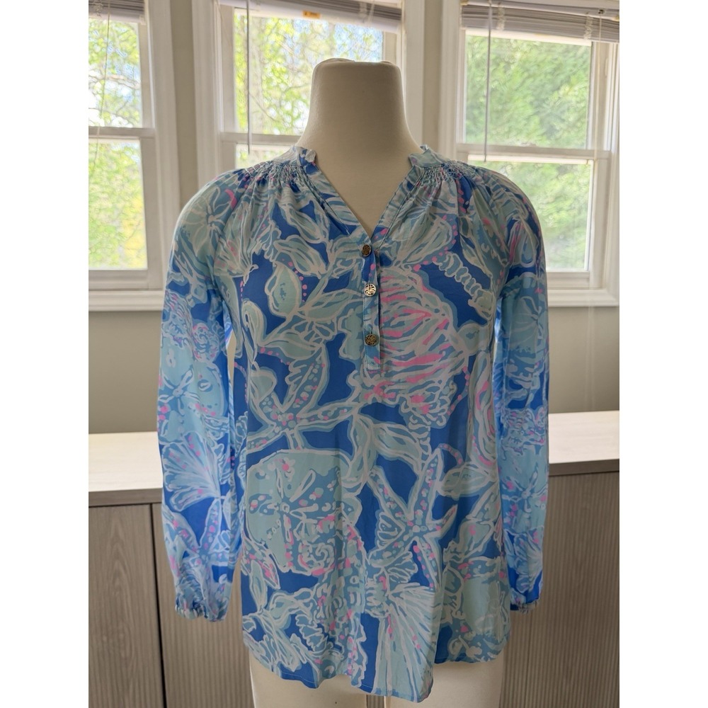 Lilly Pulitzer Silk Blouse - Elsa, Long Sleeve,‎ Blue Gold, Resortwear, Tropical
